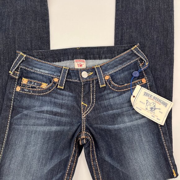 True Religion Straight Satin Big T Jeans Size 28 Dark Wash USA Made Low Rise - Picture 6 of 16